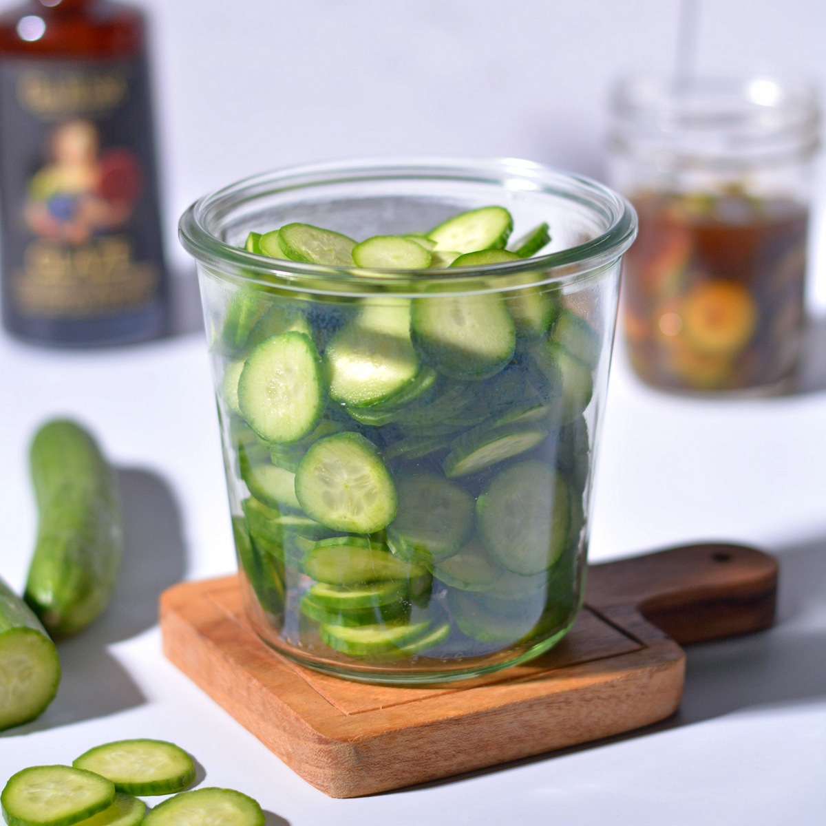 Sliced cucumbers in a jar.