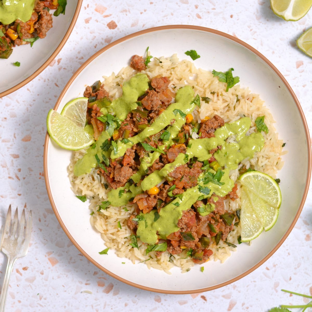 A bowl with spicy poblano beef and avocado yogurt sauce.