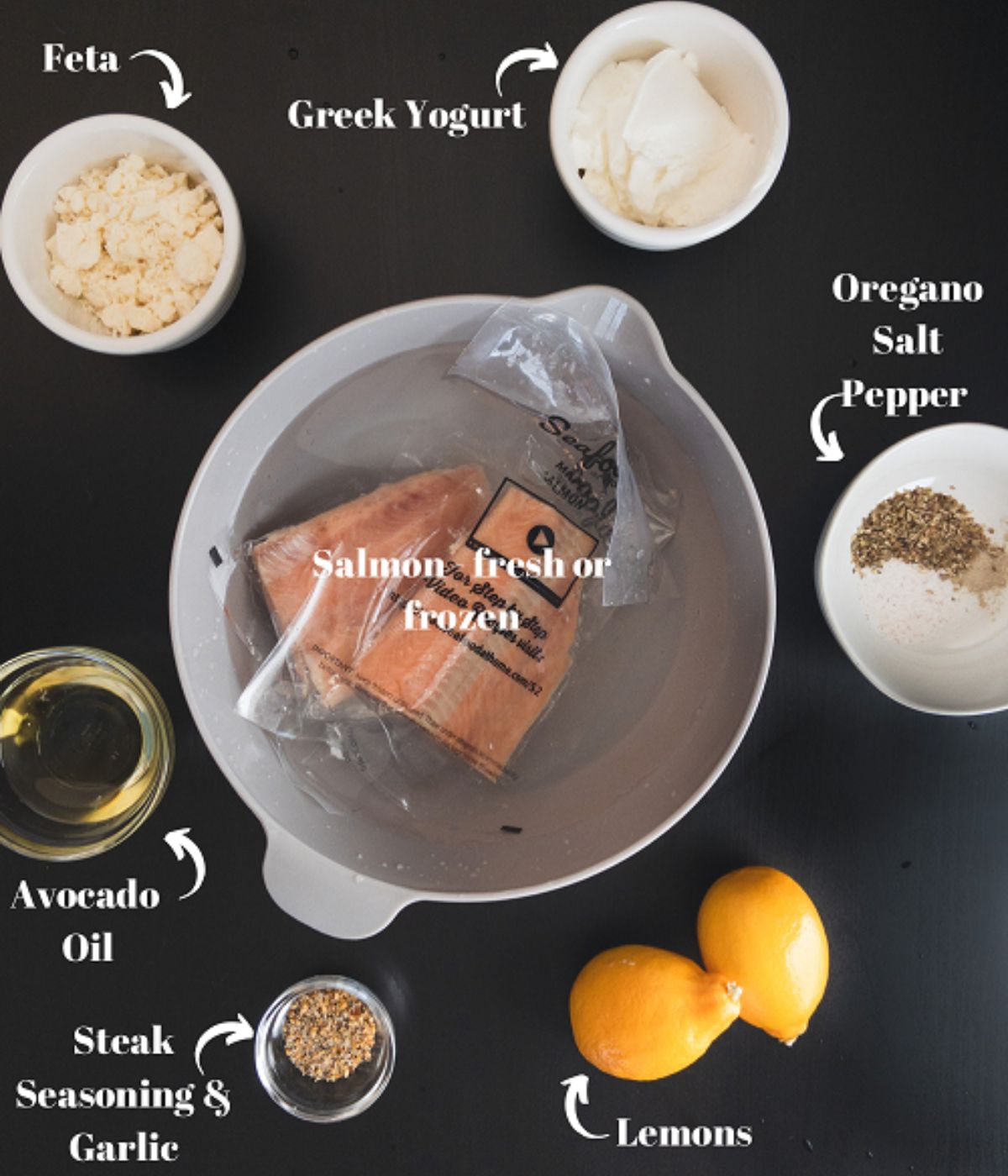 Ingredients including salmon, greek yogurt, feta, lemon, salt, pepper, garlic, and oil.