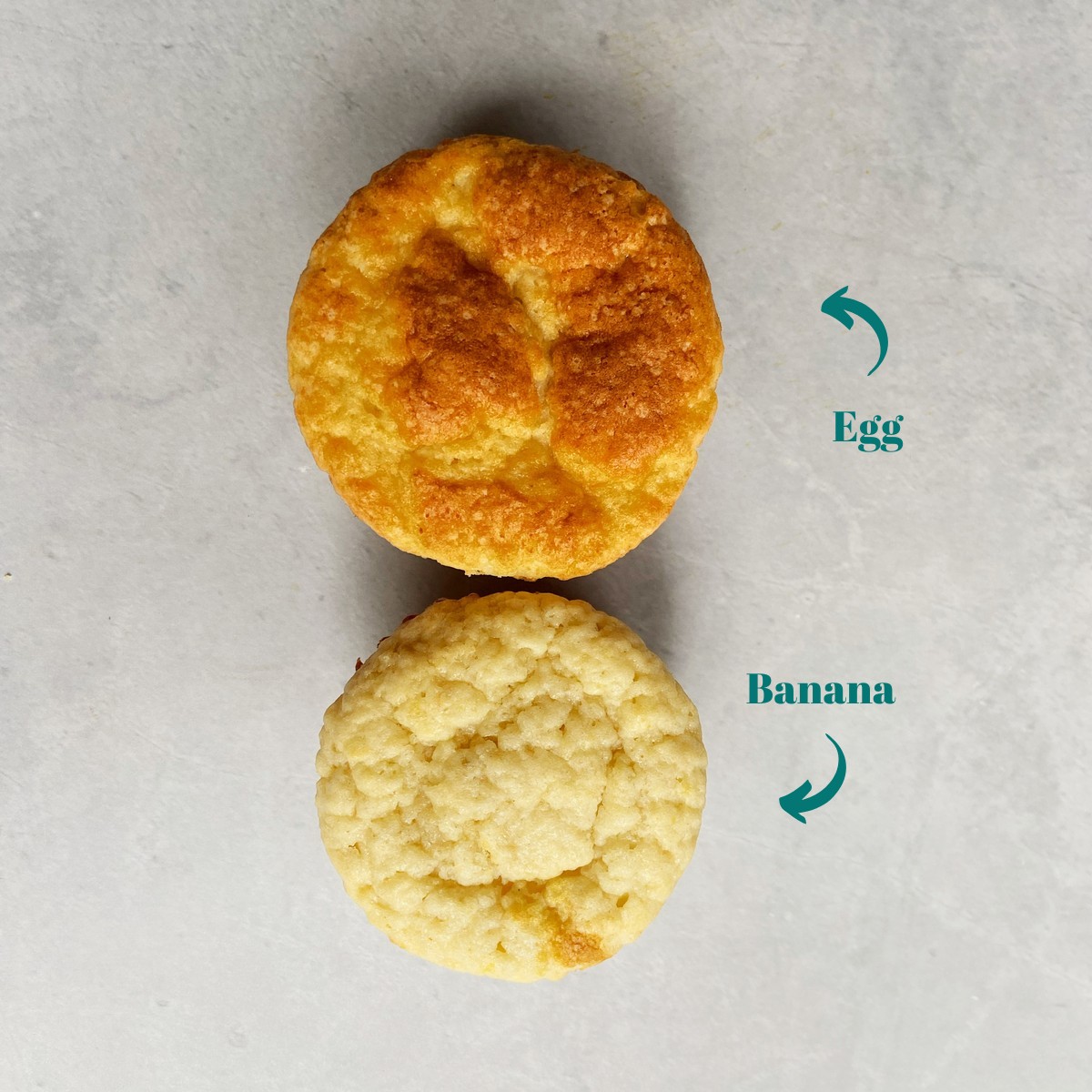 A muffin made with egg and another made with banana.