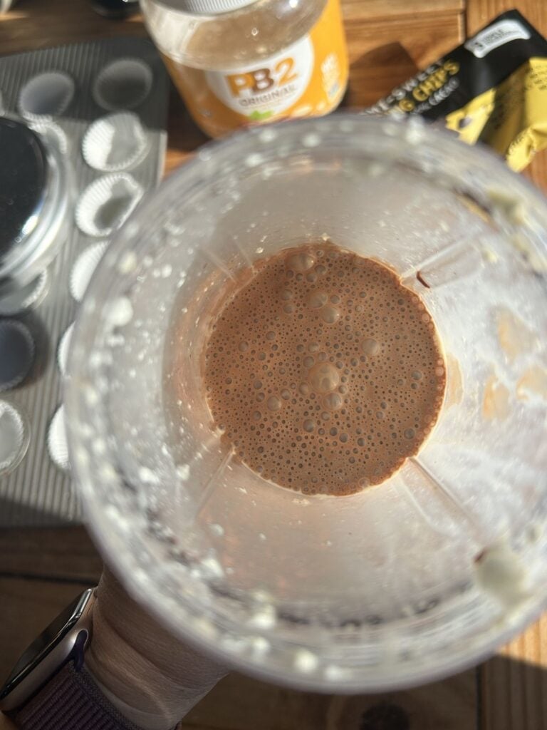 A blender with the chocolate mixture.