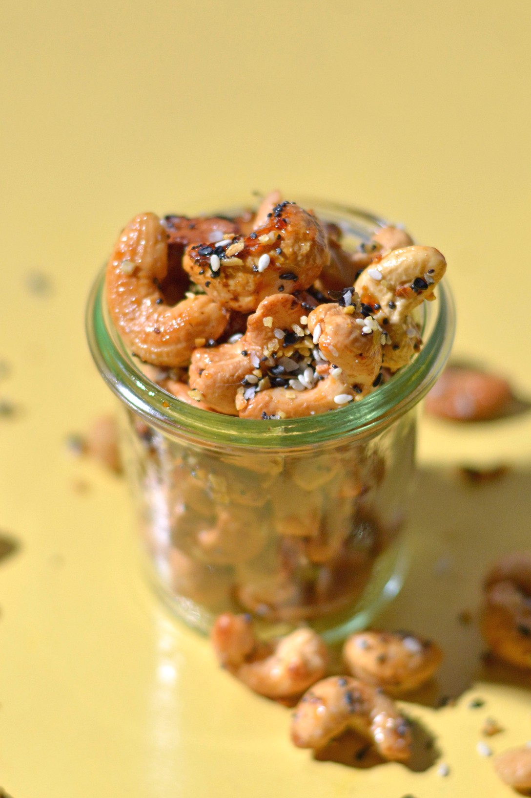 Everything cashews in a glass jar.