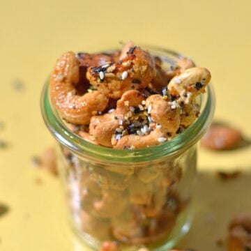 Everything cashews in a glass jar.