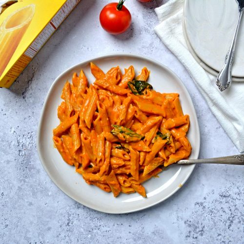 Instant Pot Vegn Pasta with Vodka Sauce on a plate from above