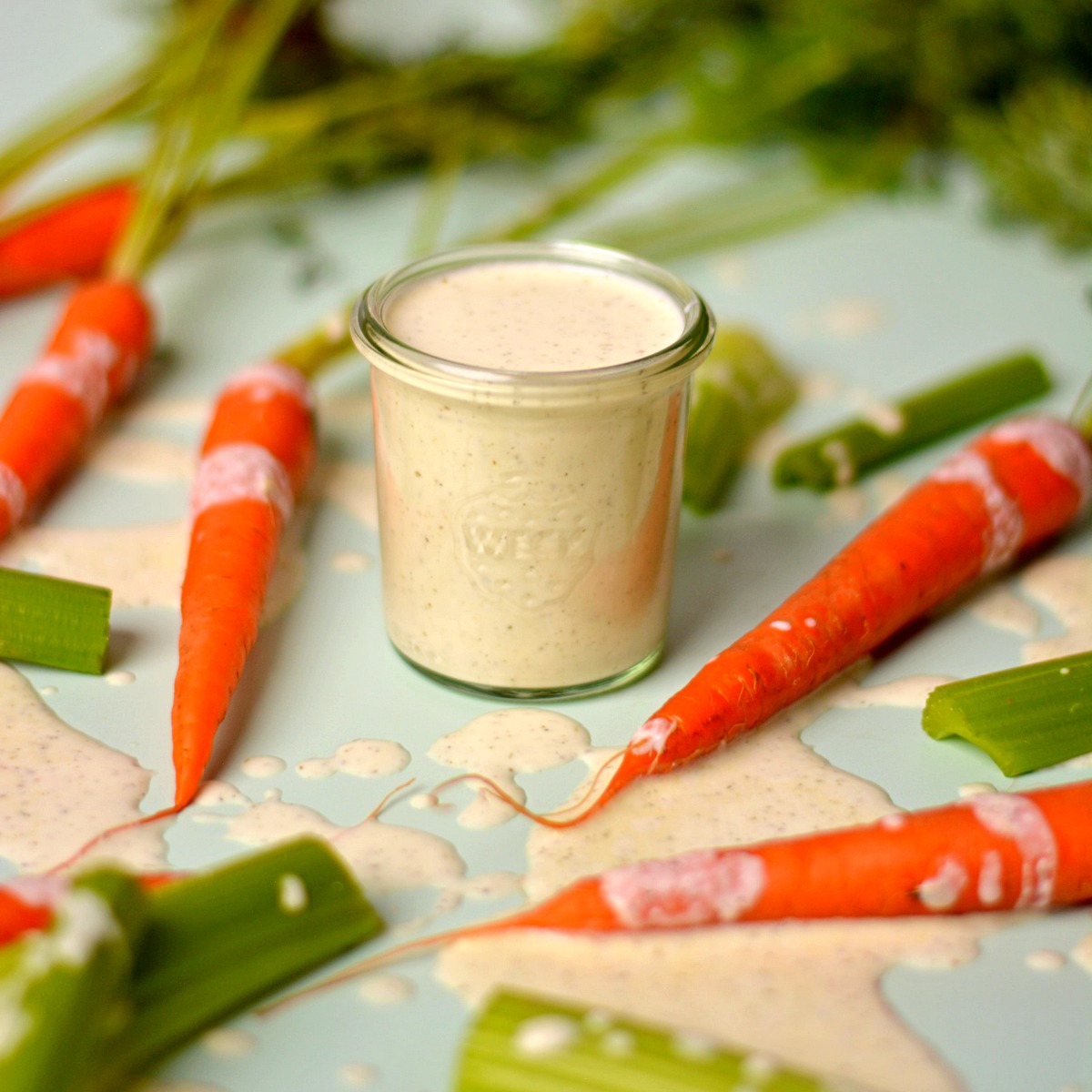 Dressing in a mason jar and spread over carrots and celery.
