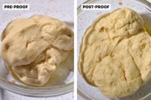 Image showing pre-proof and after the proofing the dough in a bowl.