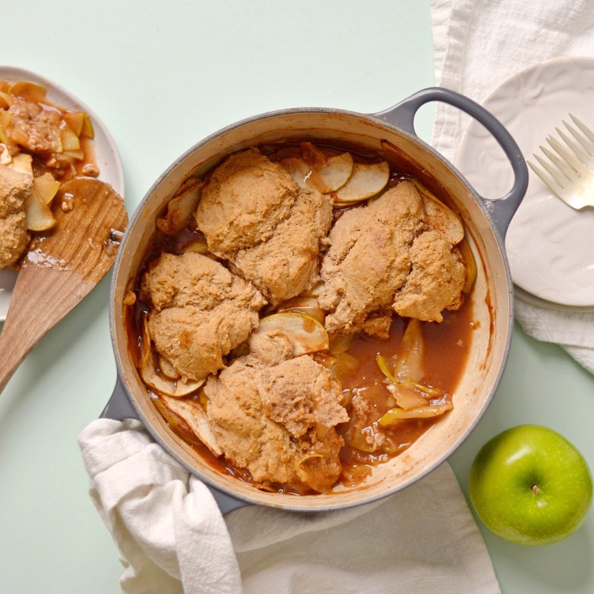 Bisquick apple cobbler in a dutch oven.