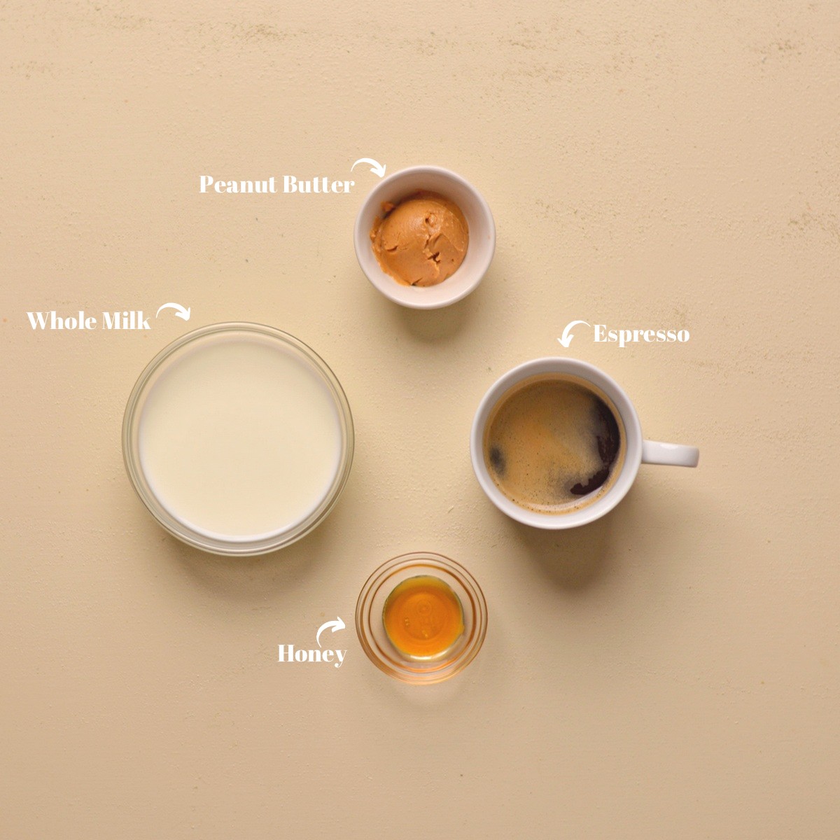 Peanut butter, milk, coffee, and honey.
