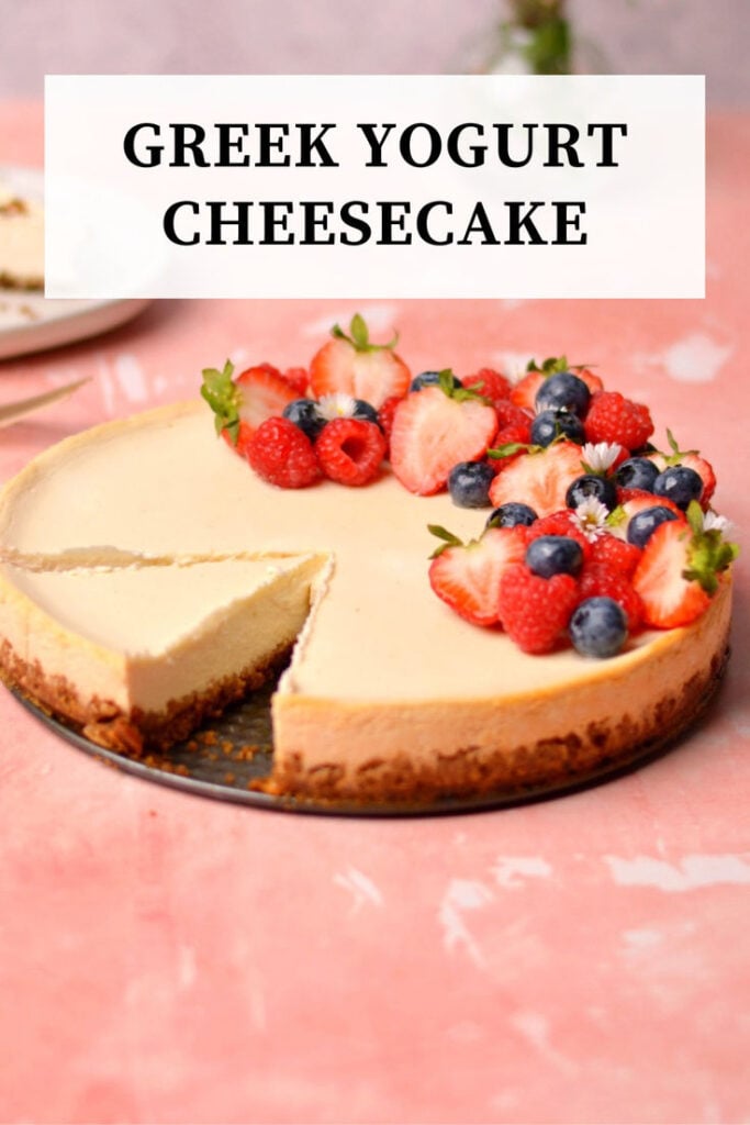 A Greek yogurt cheesecake with berries on top.