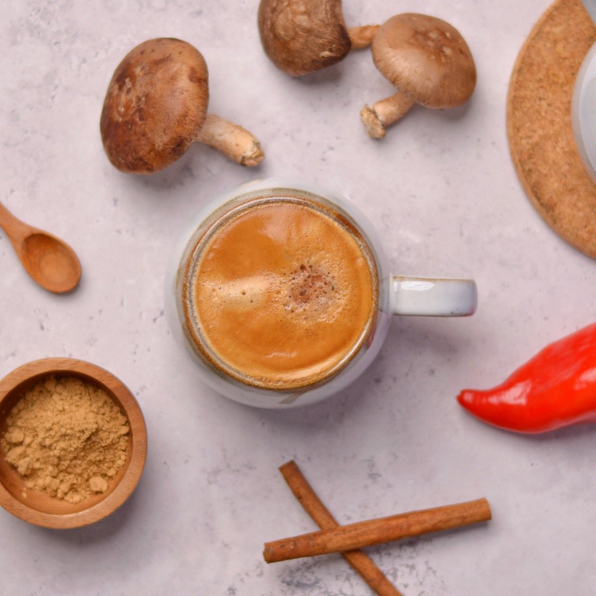 Chaga latte in a mug overhead.