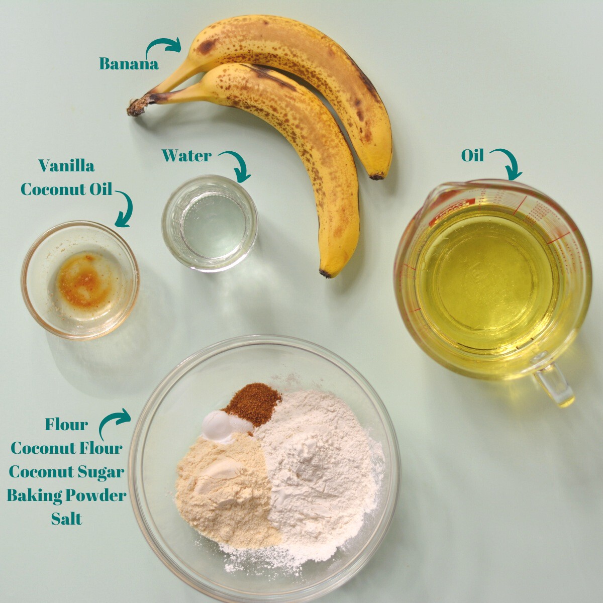 An overhead view of bananas, oil, and flour.