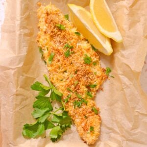 Overhead view of parmesan crusted baked walleye.