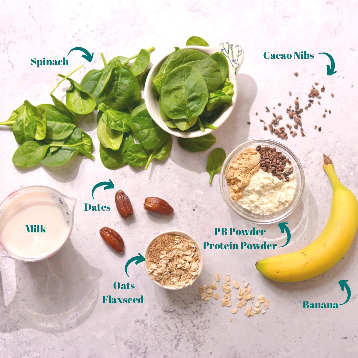 Overhead view of protein shake for breastfeeding ingredients.
