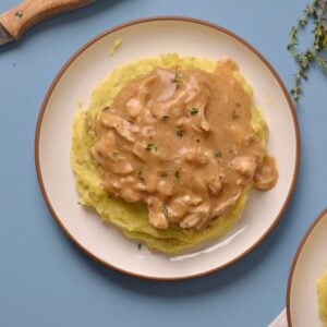 Overhead image of mashed potatoes on a plate with chicken and gravy on top.