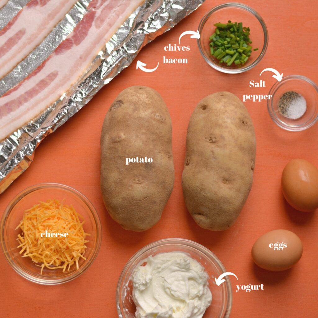 Breakfast baked potato ingredients.
