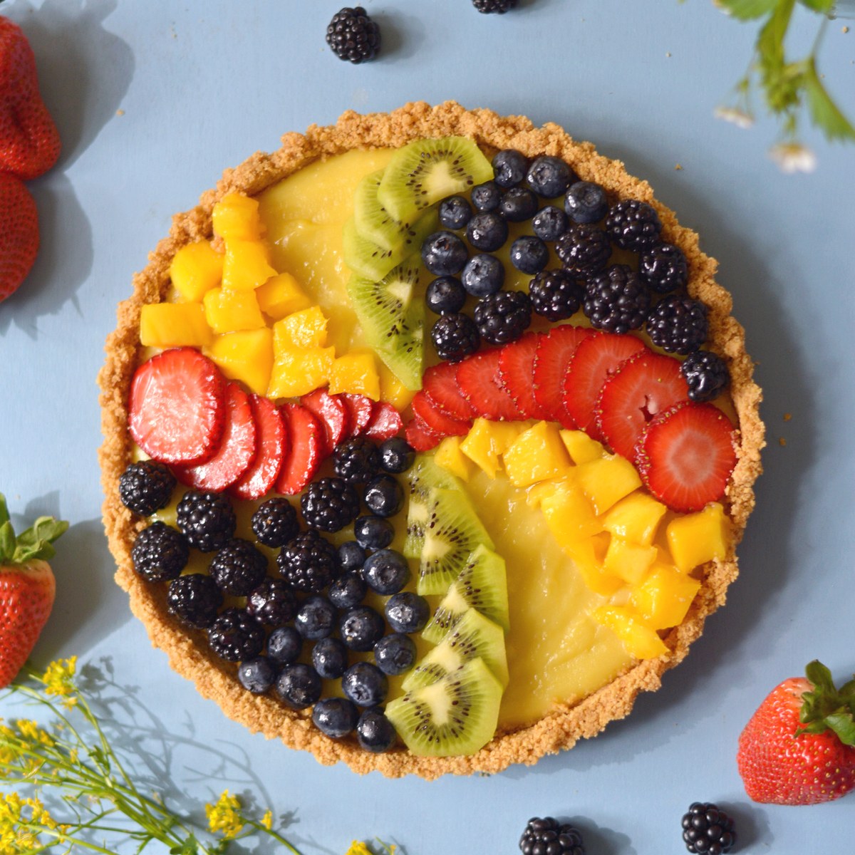 A fruit tart with berries and fruits on top.