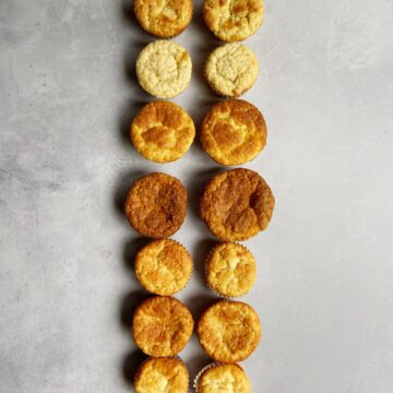 An overhead view of different muffins.