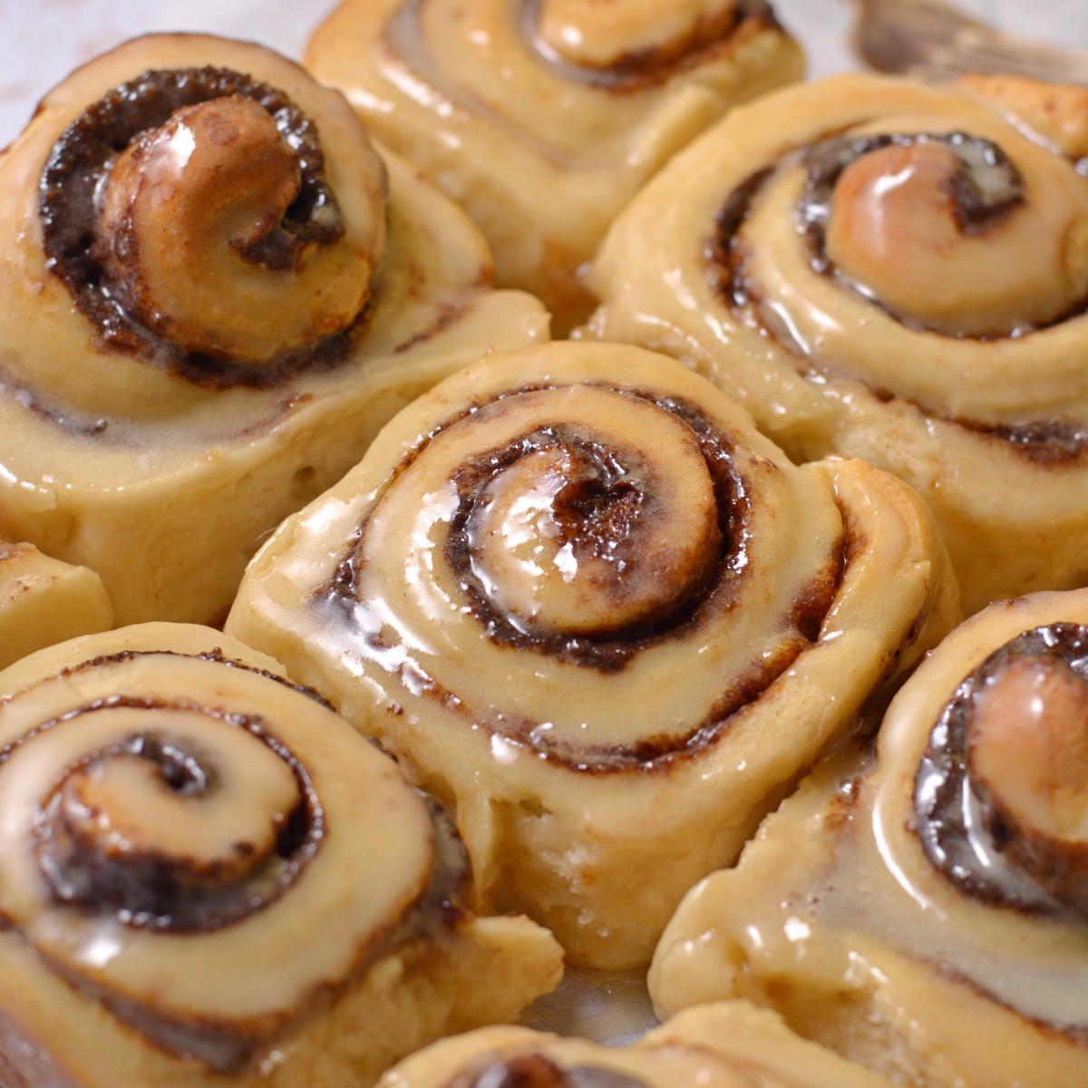 protein cinnamon rolls on a tray with icing.
