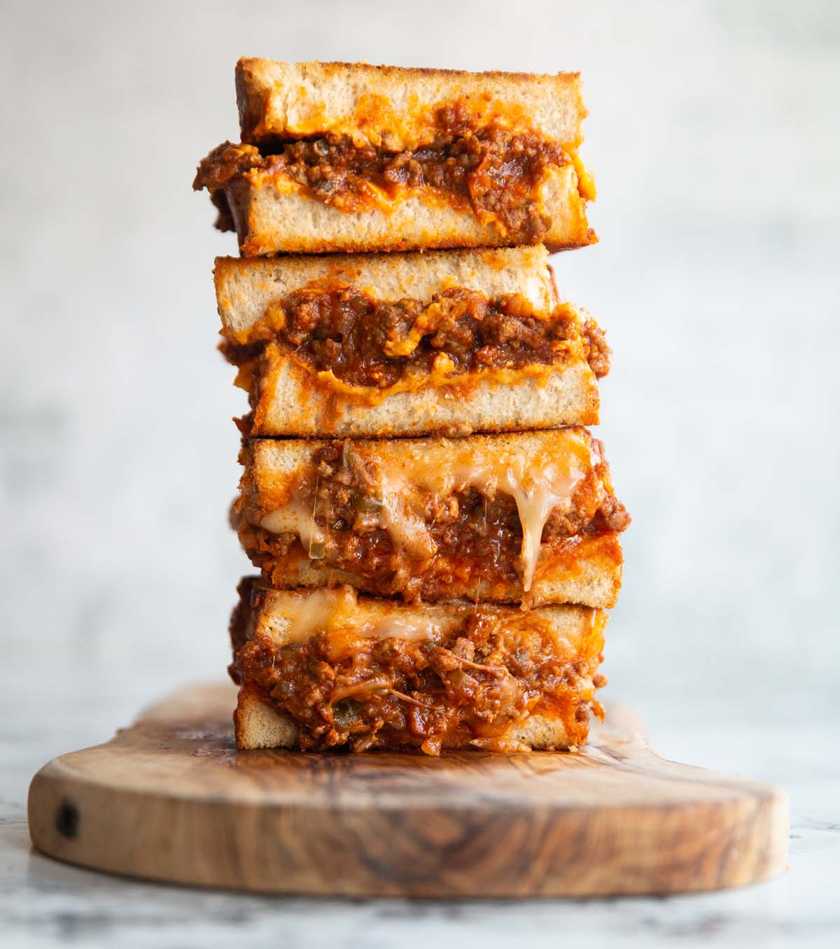 Sloppy joe grilled cheese stacked up.