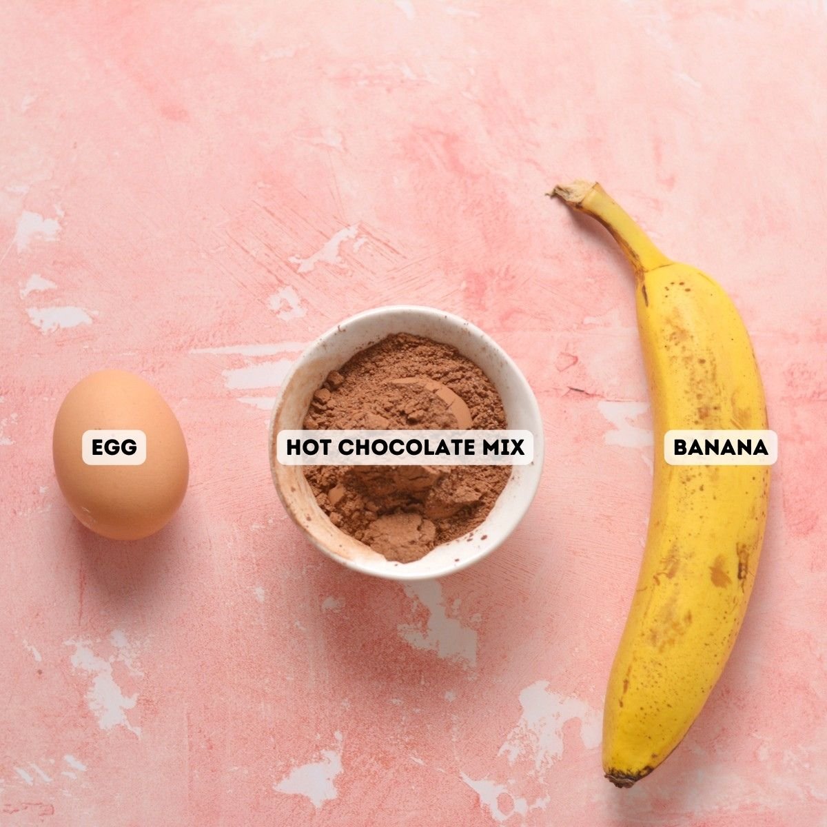 Ingredients including banana, egg, and hot cocoa mix.