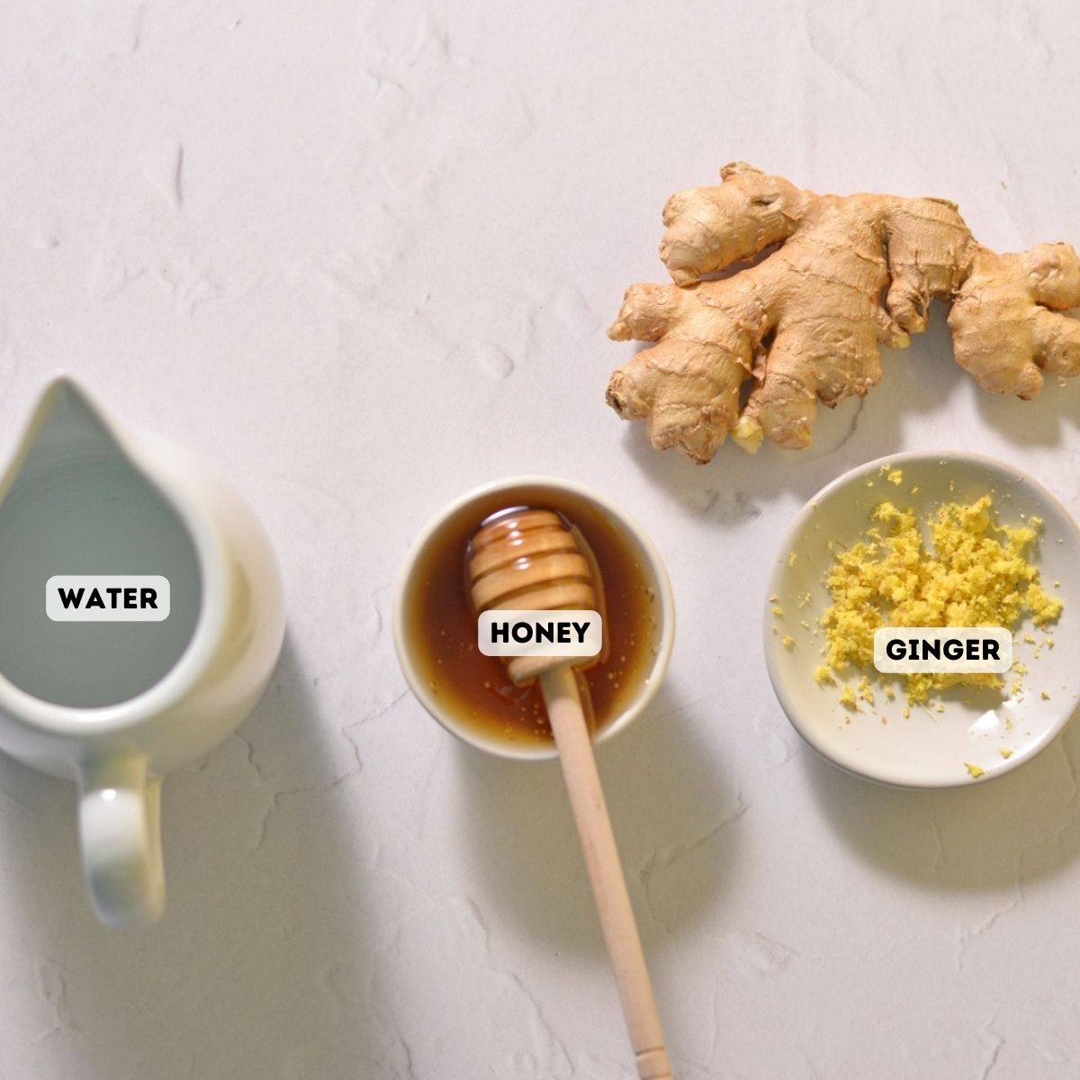 Ingredients including water, honey, and ginger.