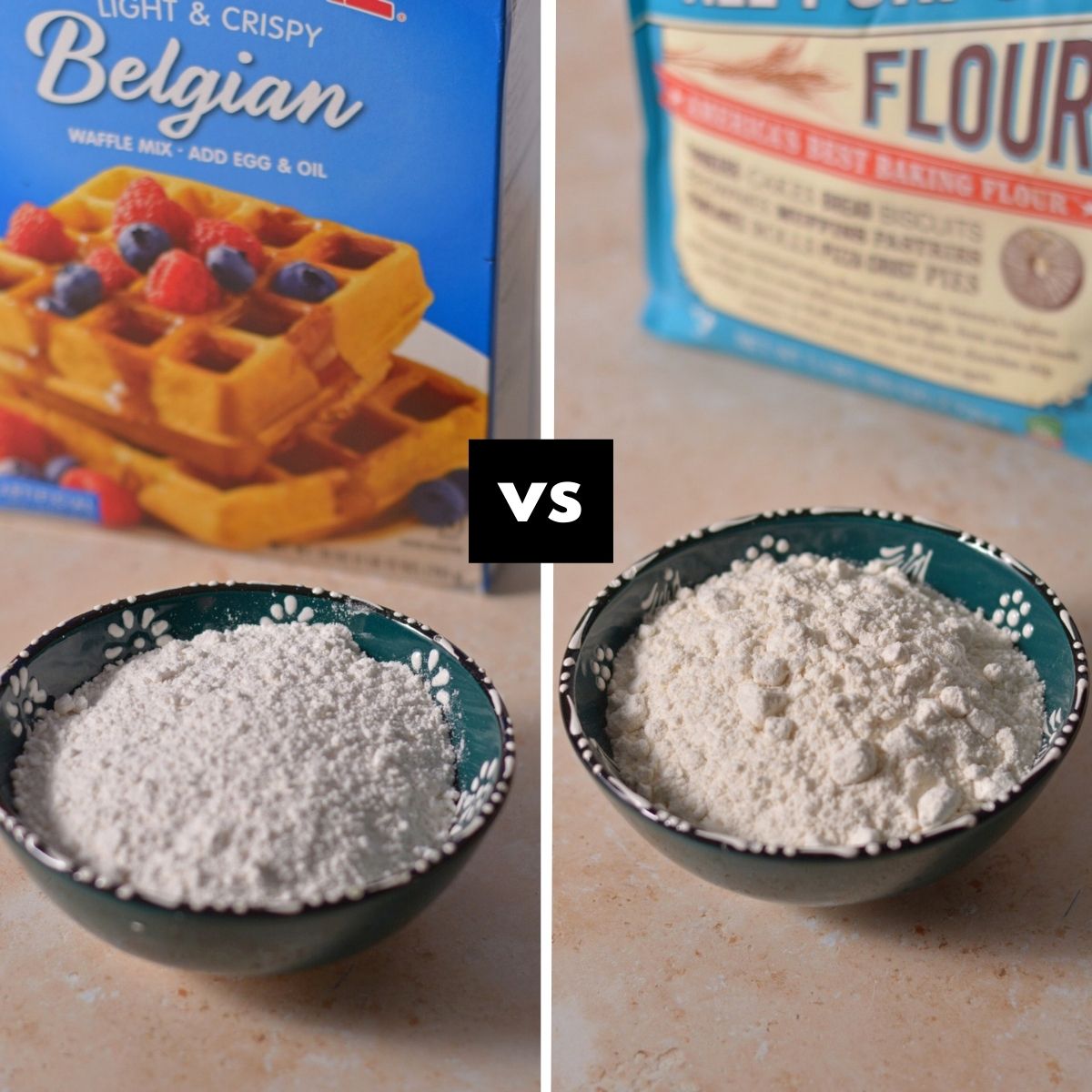 Side by side image of pancake mix in a bowl and flour in a bowl with "vs" in between.