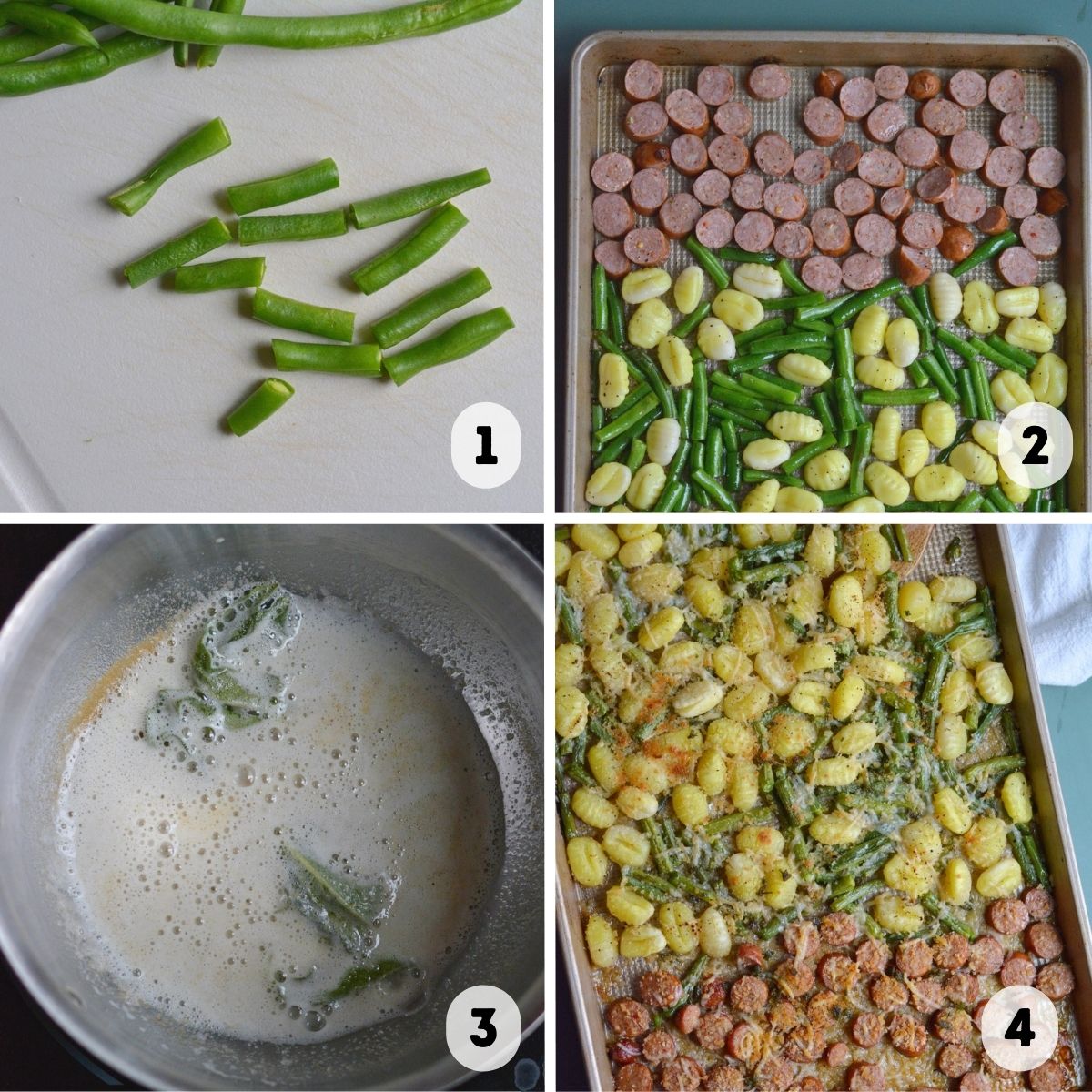 Step by step gallery with step 1 cutting green beans, step 2 baking everything on a tray, step 3 making the brown butter, and step 4 combine the two and broil.
