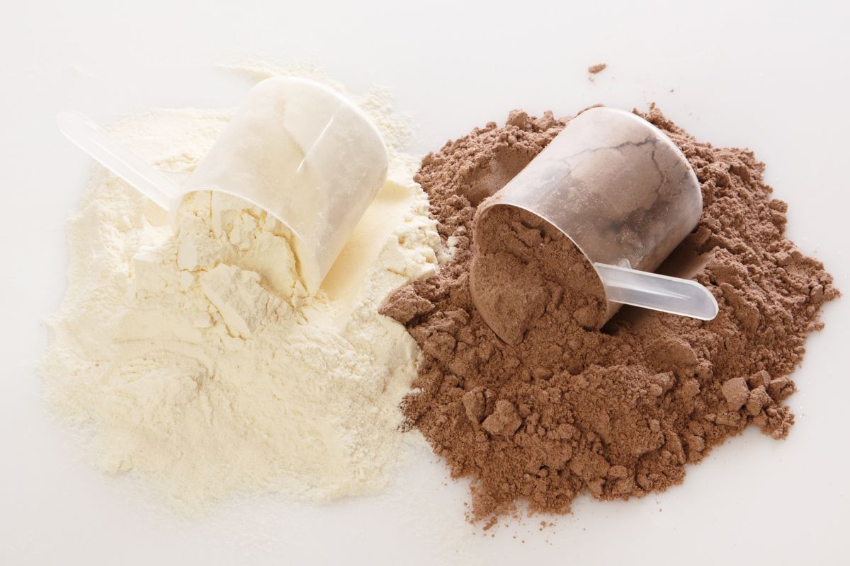 Chocolate whey protein next to vanilla.