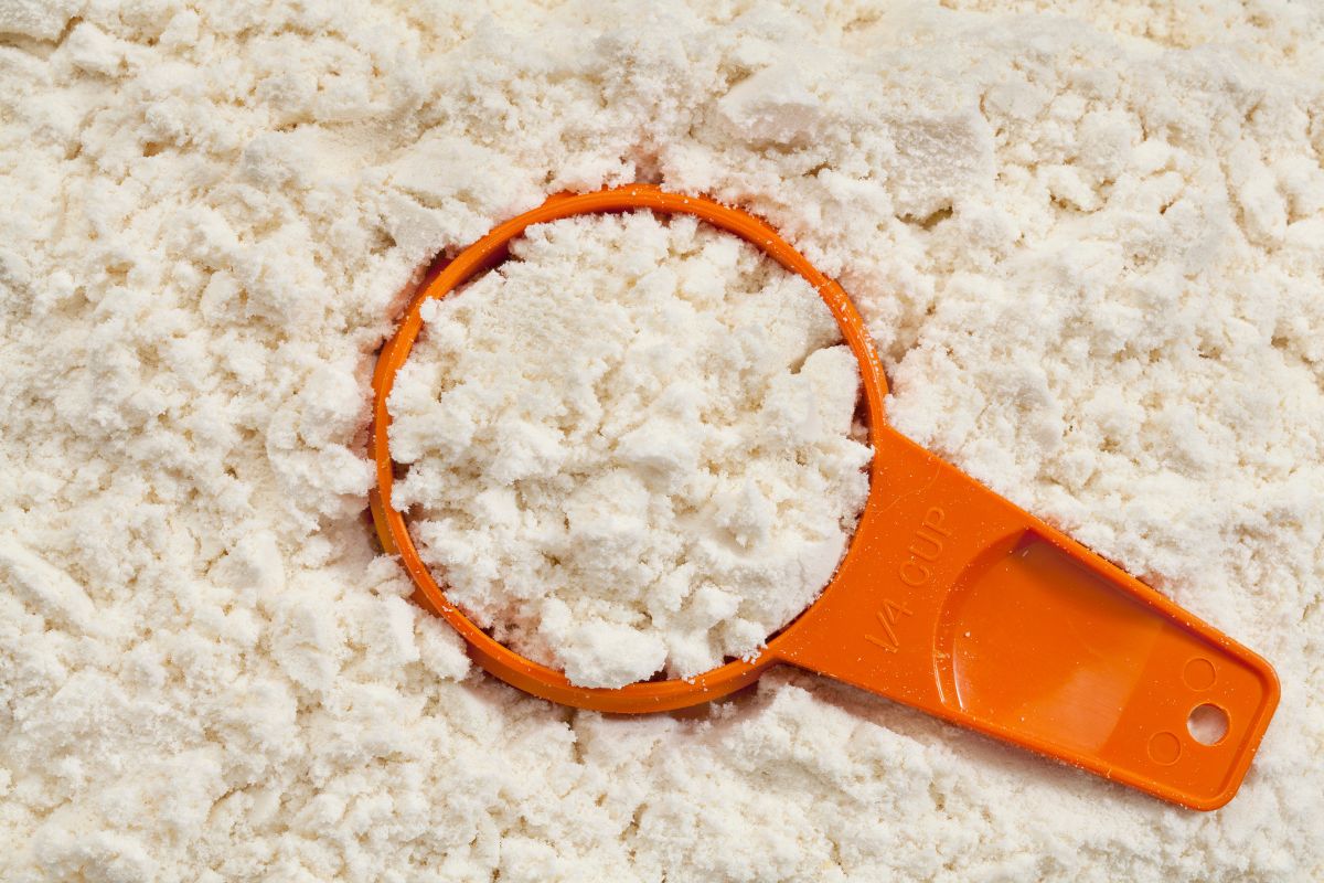 An orange scoop in vanilla whey protein powder.