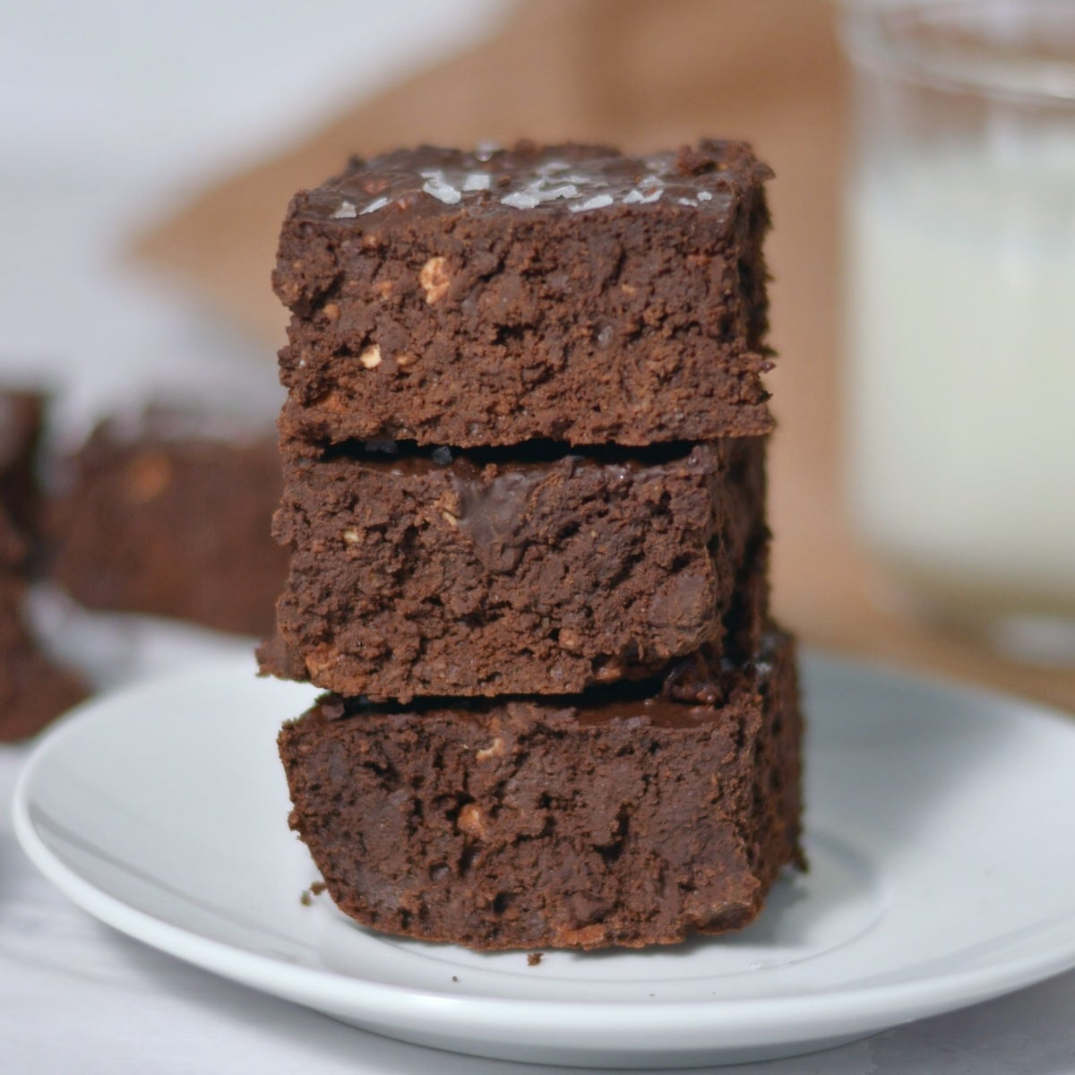 A stack of 3 cottage cheese brownies.