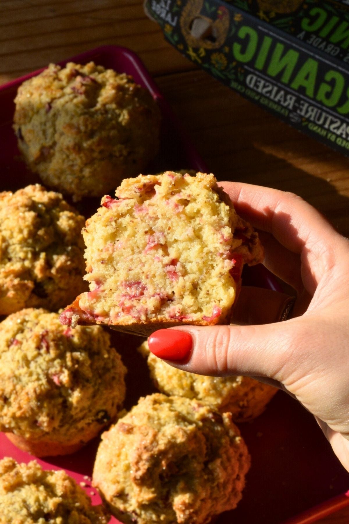 A hand holding an orange cranberry yogurt muffin.