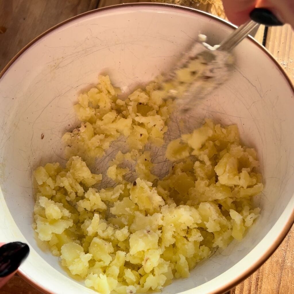 A bowl showing the mashed potatoes.