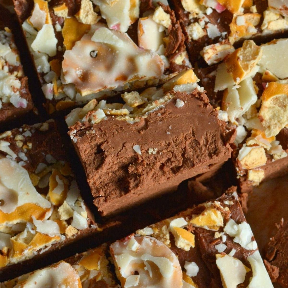 An overhead view of pieces of chocolate fudge.