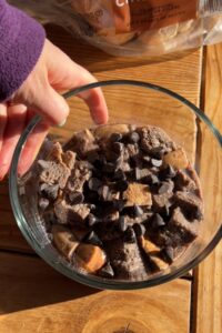 A bowl of high protein bread pudding before cooking.