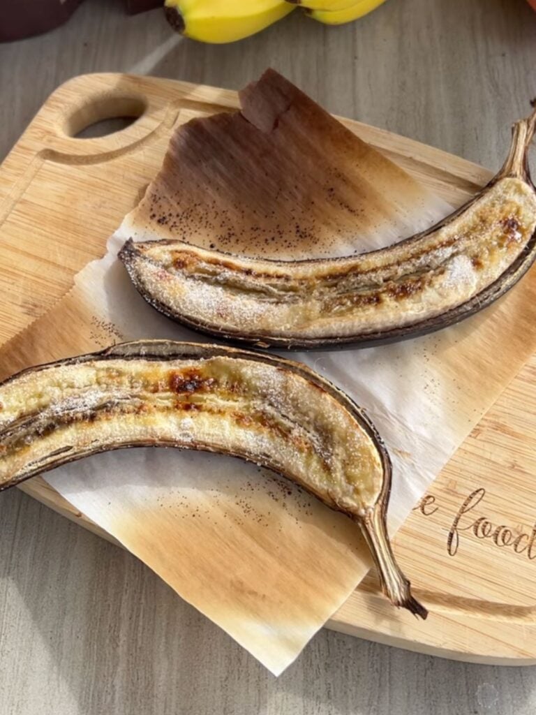 Golden brown air fried banana.