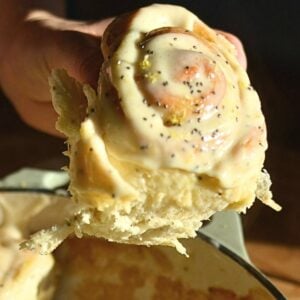 Hand holding the very soft protein lemon roll.