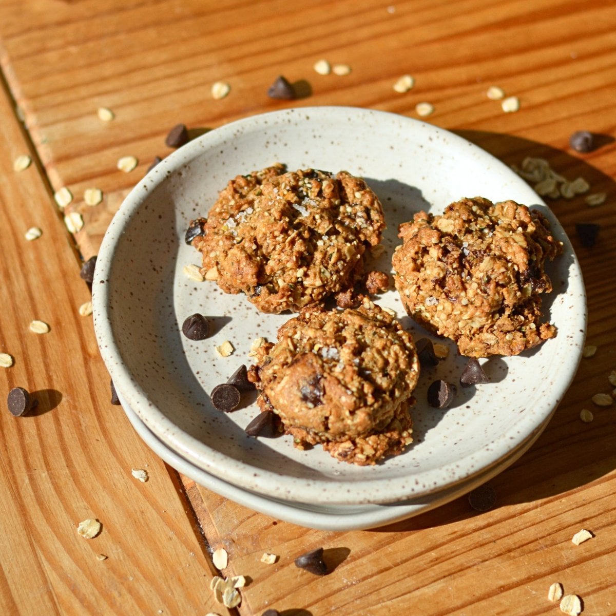 Chocolate chip protein oatmeal cookies on a white plate.