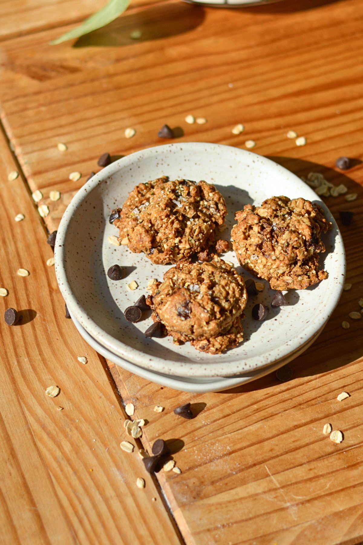 Chocolate chip protein oatmeal cookies on a white plate.