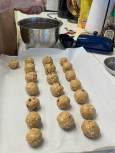 A tray with peanut butter protein balls.