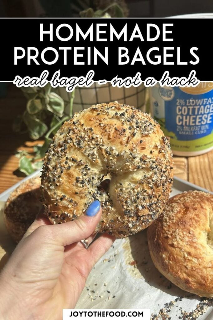 A pinterest pin showing a homemade protein bagel.