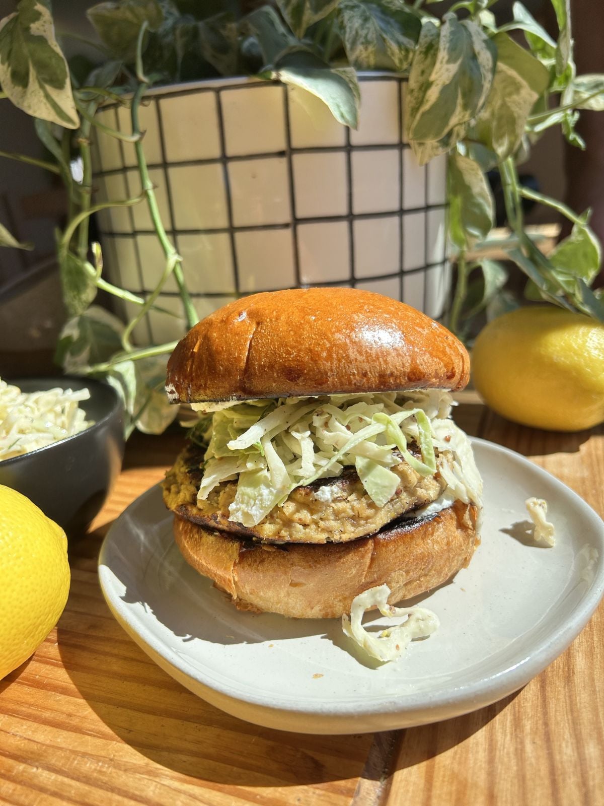A canned salmon burger on the plate.