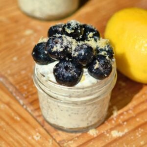 Chia seed pudding with Greek yogurt and blueberries and lemon sugar on top.