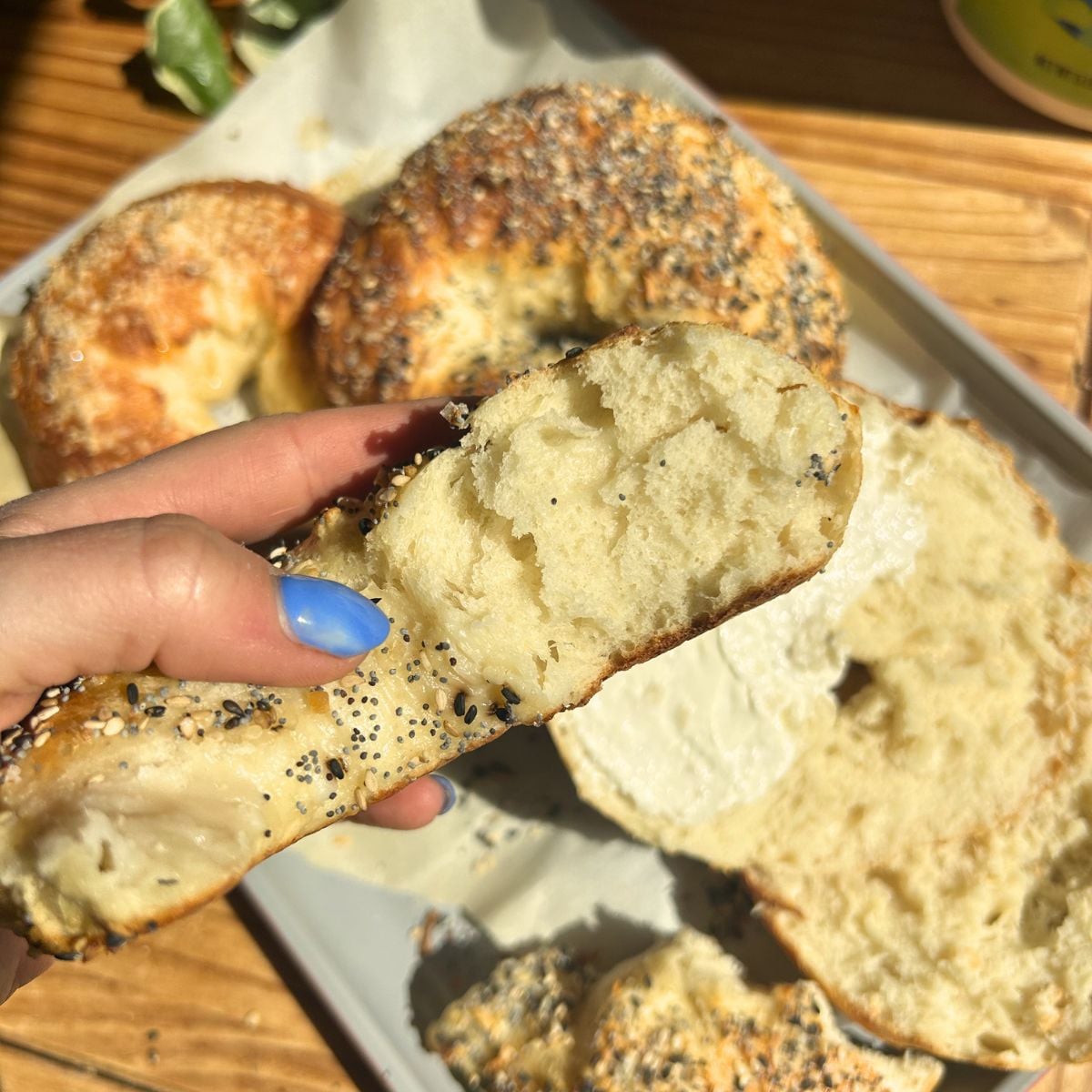 A bagel torn open to show the texture.