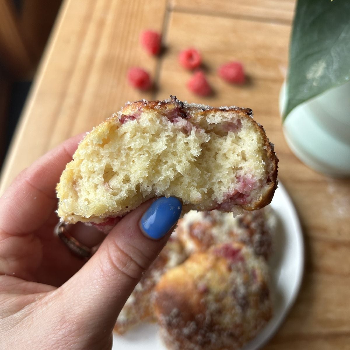 A hand holding a greek yogurt donut with a bite taken out of it.