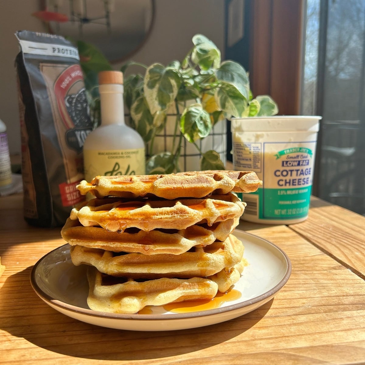A stack of cottage cheese waffles.