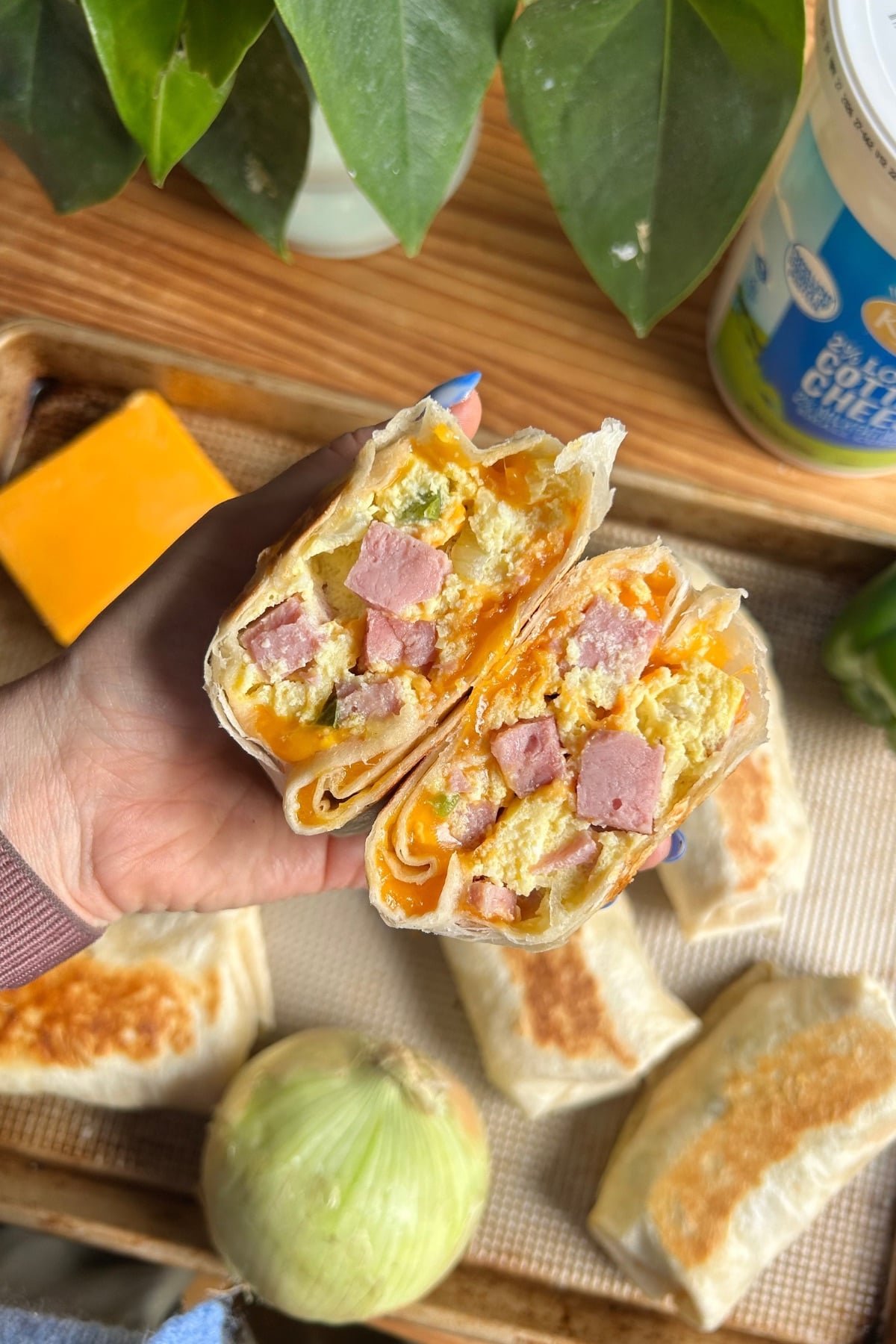 Hand holding denver omelet breakfast burrito cut open.