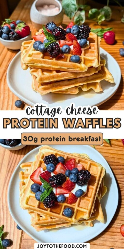 A pinterest pin image of cottage cheese waffles.