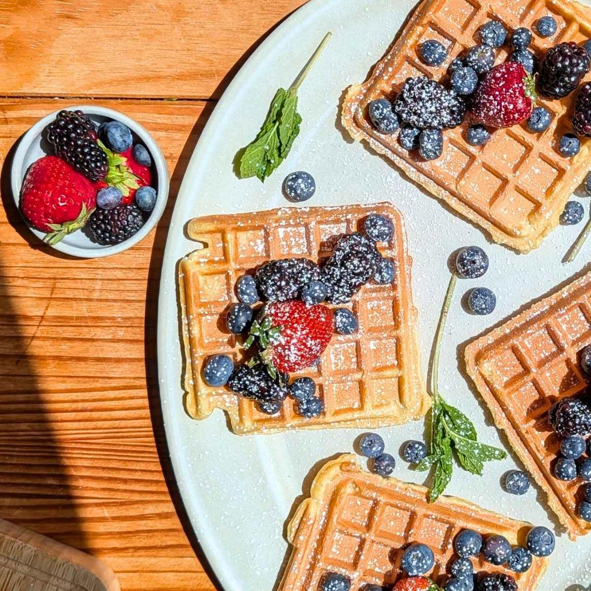 four protein waffles with berries and powdered sugar on top.