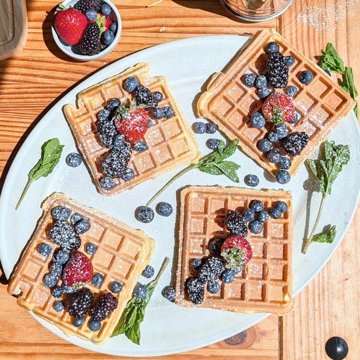 four protein waffles with berries and powdered sugar on top.