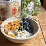 A bowl of yogurt, blueberries, and scrambled oats.